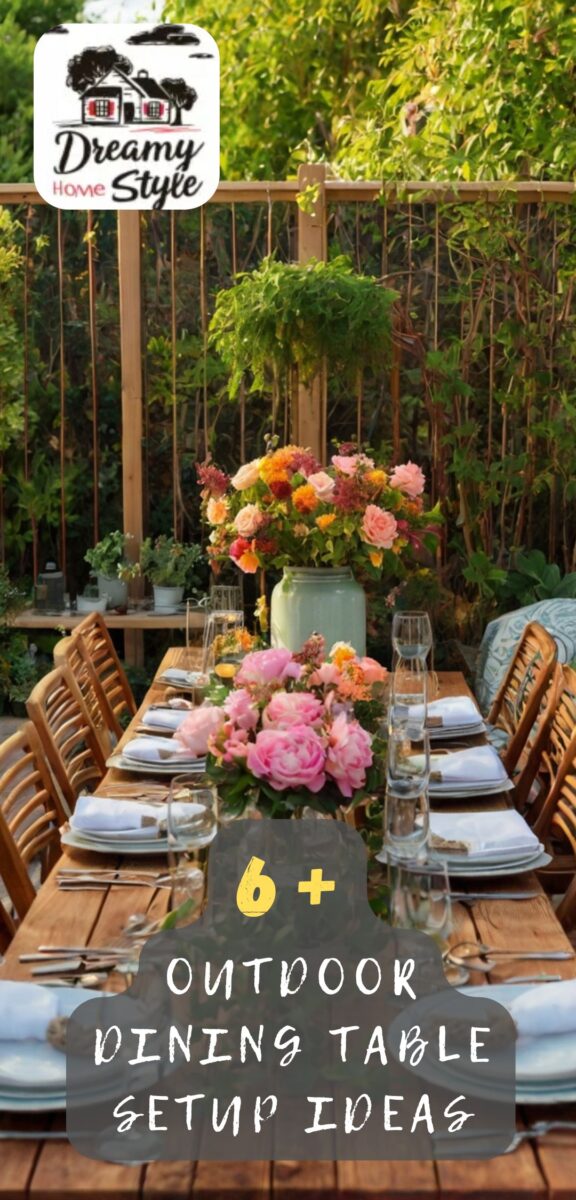 Elegant outdoor dining table setup with pink and orange floral centerpieces, wooden furniture, and garden backdrop