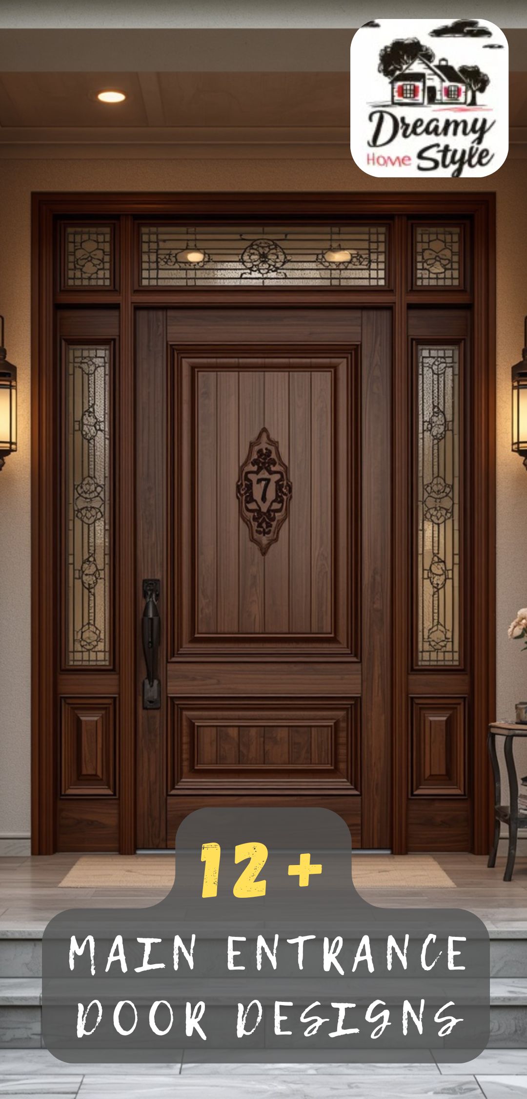 Elegant walnut wood main entrance door with decorative glass sidelights, transom window, and ornate house number 7 plaque