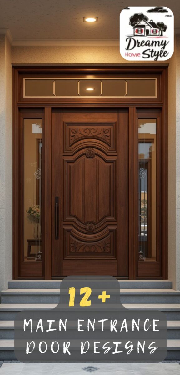Elegant carved wooden main entrance door with glass sidelights, transom window, and decorative floral motifs