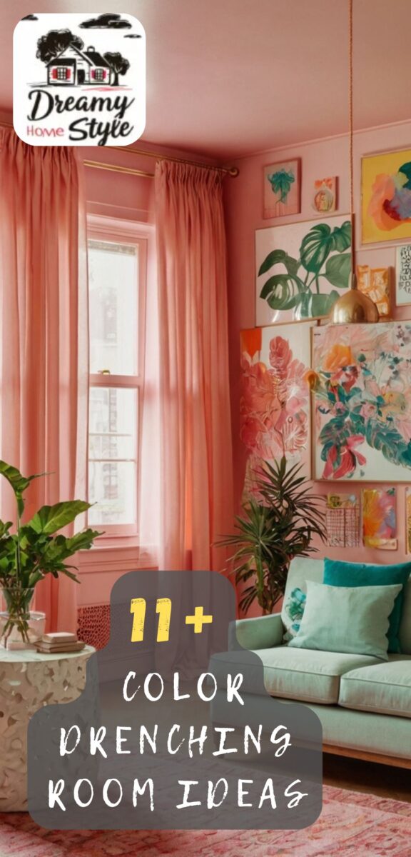 Pink color-drenched living room with mint green sofa, botanical wall art, coral curtains, and indoor plants