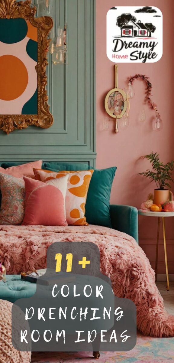 Color drenching bedroom with pink walls, sage green paneling, teal velvet chair, and layered colorful pillows