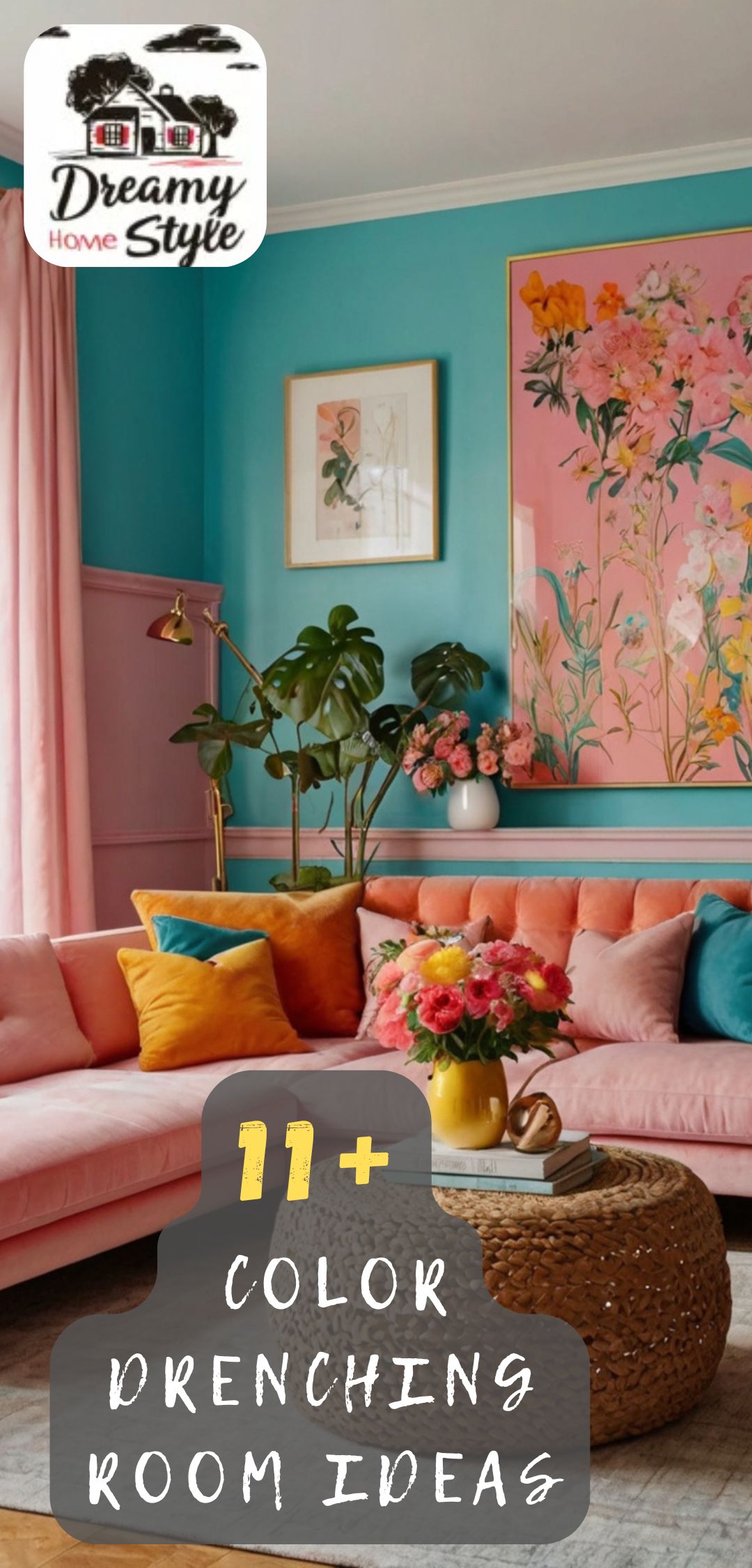 Colorful living room with teal walls, pink velvet sofa, orange and yellow throw pillows, and large floral wall art