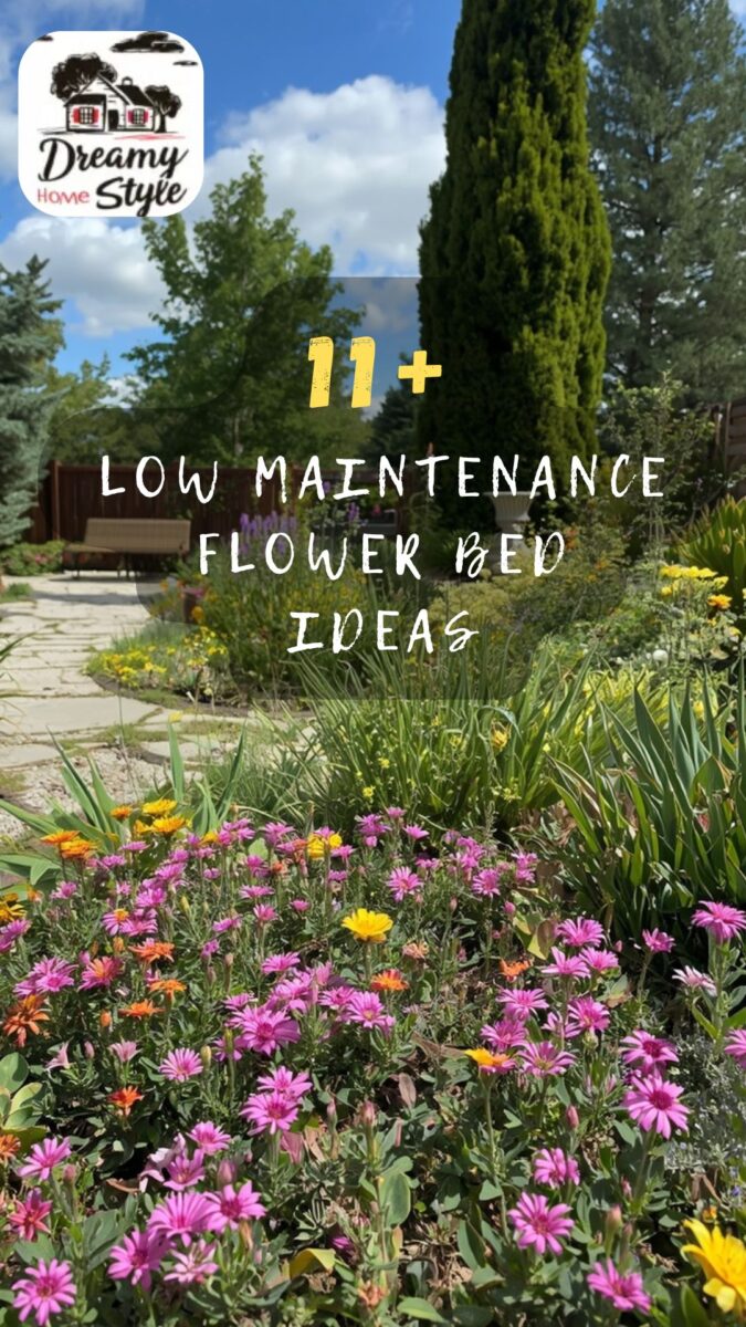 Colorful low maintenance flower bed with pink gazanias, orange and yellow blooms, cypress trees, and stone pathway garden