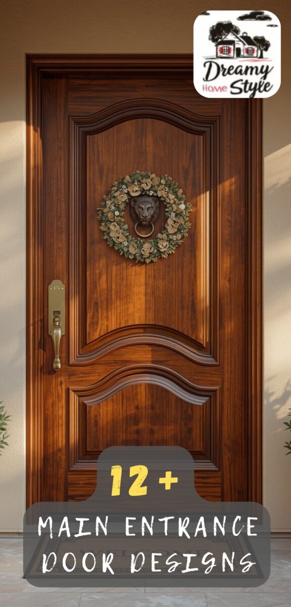 Classic wooden main entrance door with brass handle, lion head door knocker, and decorative floral wreath