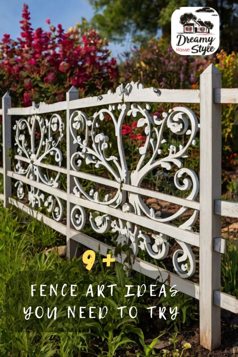 Ornate white decorative garden fence with scrollwork floral patterns surrounded by colorful blooming flowers