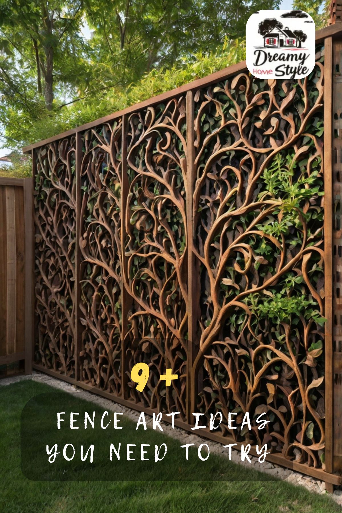 Decorative laser-cut wooden fence panels with intricate vine and scroll patterns with live green plants growing through