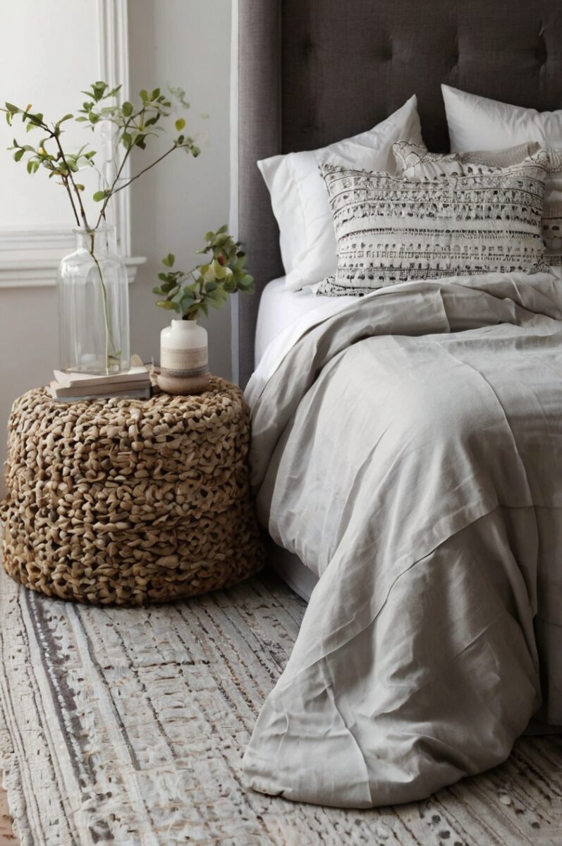 Neutral bedroom with tufted gray headboard, linen bedding, woven jute pouf nightstand, and green botanical stems in glass vase