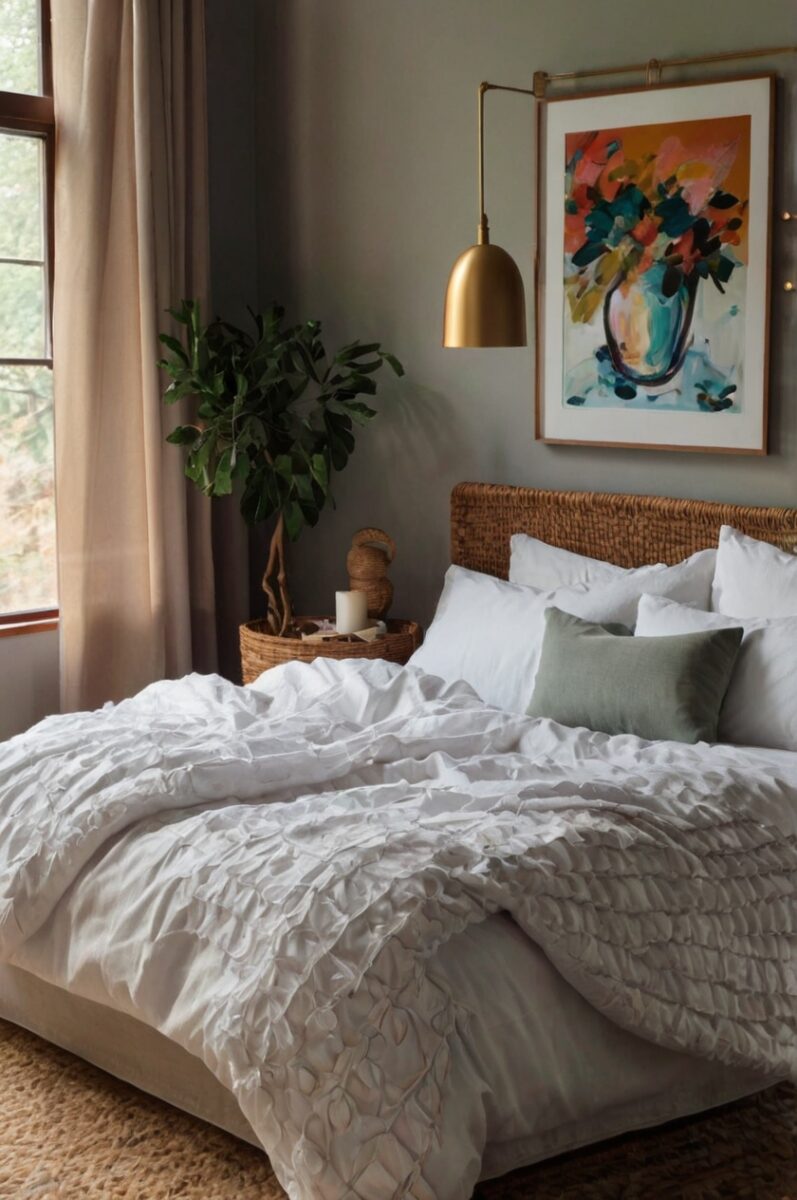 Cozy bedroom with wicker headboard, white textured duvet, sage green pillow, gold pendant lamp, and colorful floral wall art
