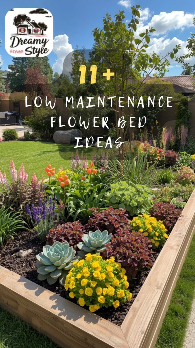 Raised wooden flower bed with colorful low-maintenance plants including succulents, yellow marigolds, purple salvia, and tulips