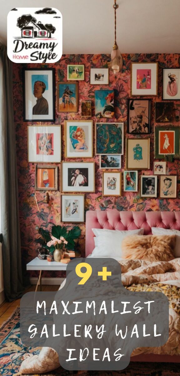 Maximalist bedroom gallery wall with 20+ framed artworks on pink floral wallpaper above tufted pink headboard