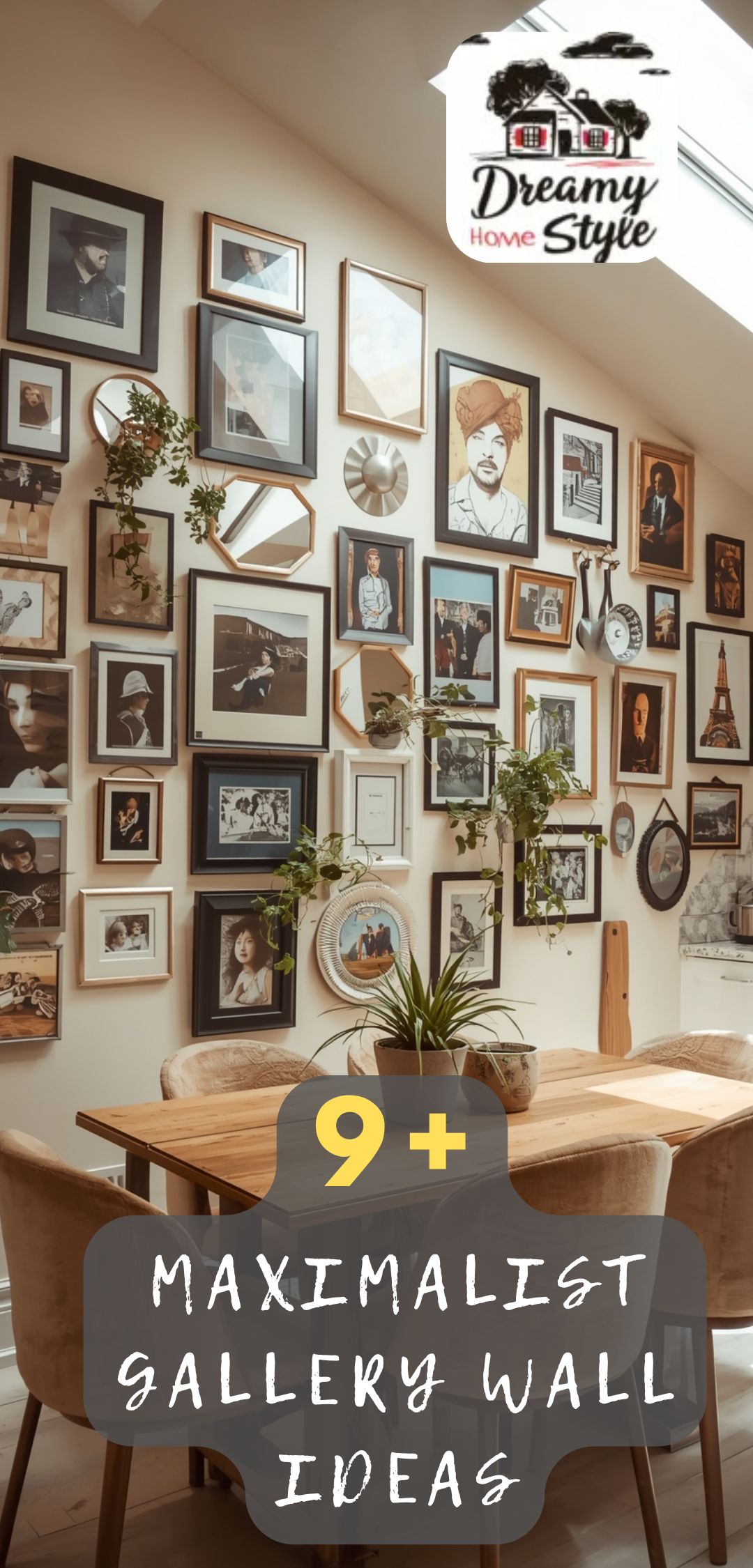 Maximalist gallery wall with 30+ mixed frames, photos, mirrors, and plants above a wooden dining table