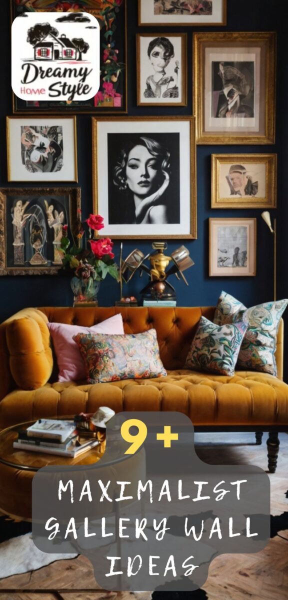 Maximalist gallery wall with gold-framed art on navy walls above mustard yellow tufted velvet sofa with floral pillows