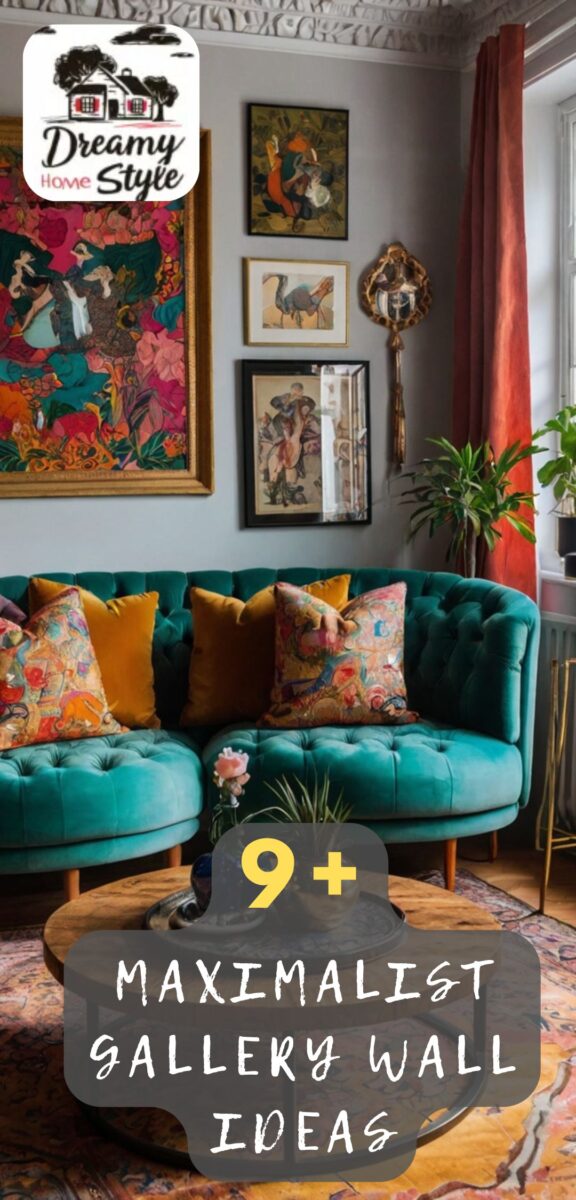 Maximalist living room with teal velvet sofa, colorful gallery wall art, mustard pillows, and rust curtains