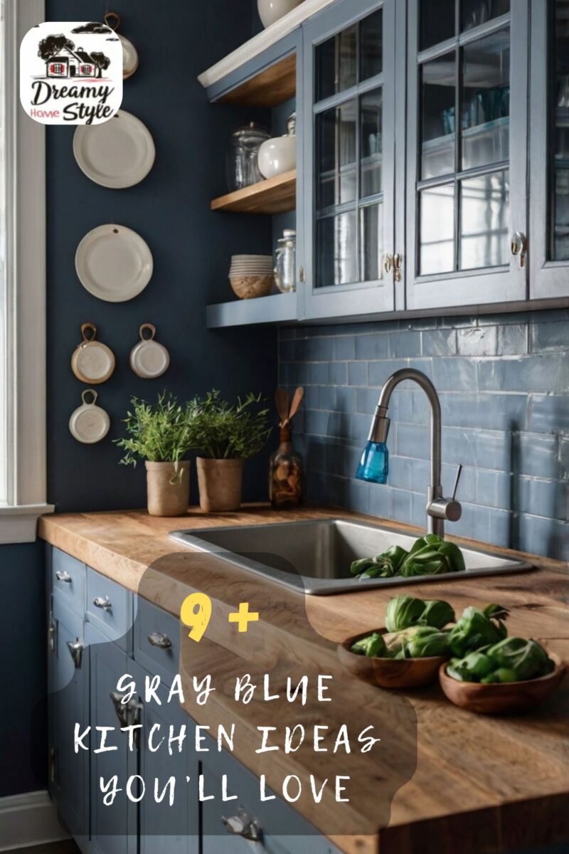 Gray-blue kitchen with butcher block countertops, subway tile backsplash, glass-front cabinets, and stainless steel sink