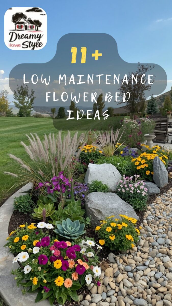 Colorful low maintenance flower bed with ornamental grasses, succulents, marigolds, petunias, and decorative boulders
