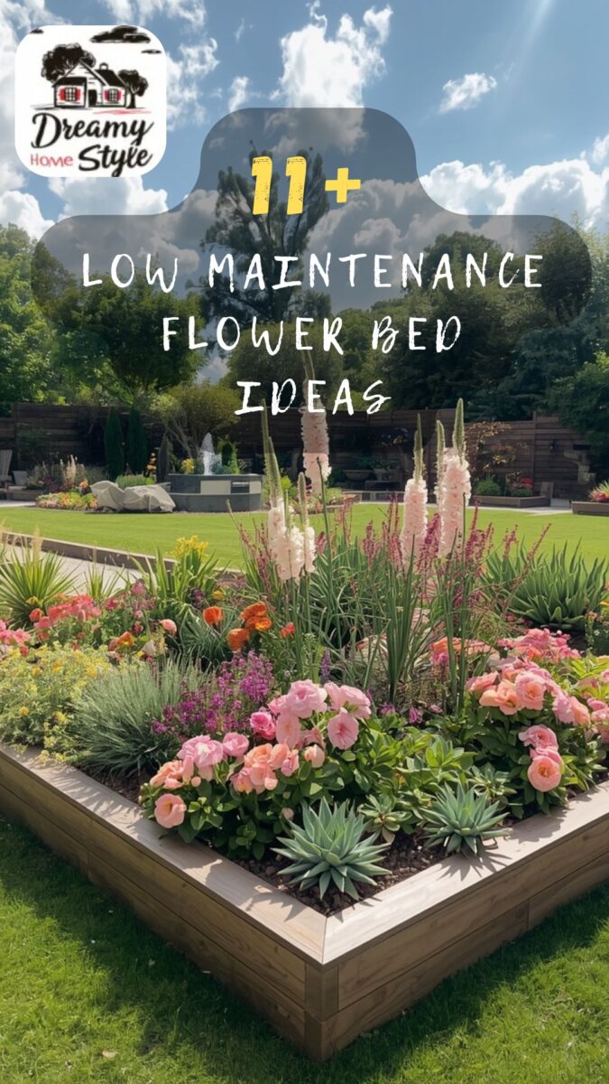 Colorful raised wooden flower bed with pink roses, succulents, foxgloves, and mixed perennials in a landscaped garden