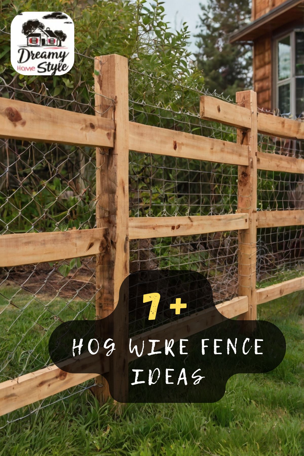 Rustic wooden split-rail fence with hog wire mesh panels in a backyard garden next to a wood-sided house
