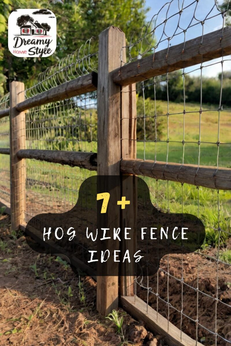 Rustic hog wire fence with wooden posts and wire mesh panels in a green rural garden setting