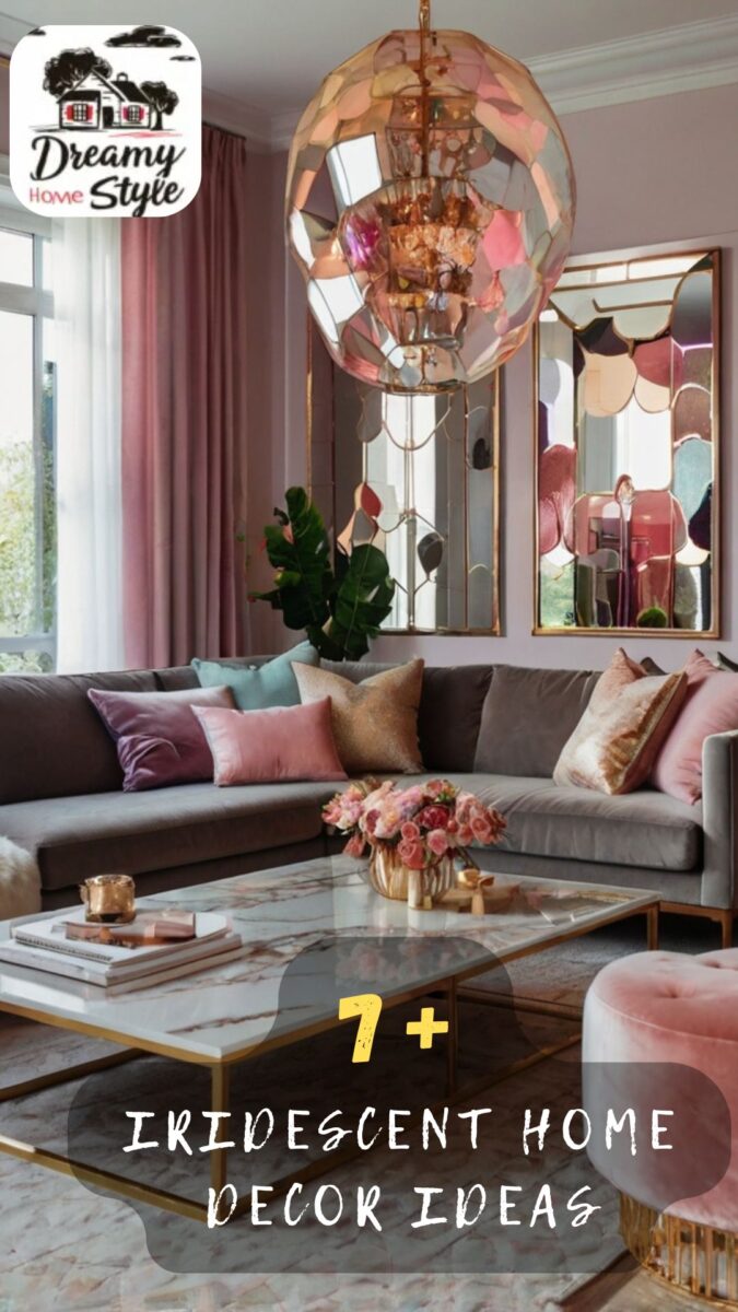 Glamorous living room with iridescent chandelier, grey velvet sofa, pink cushions, and scalloped mirror wall art