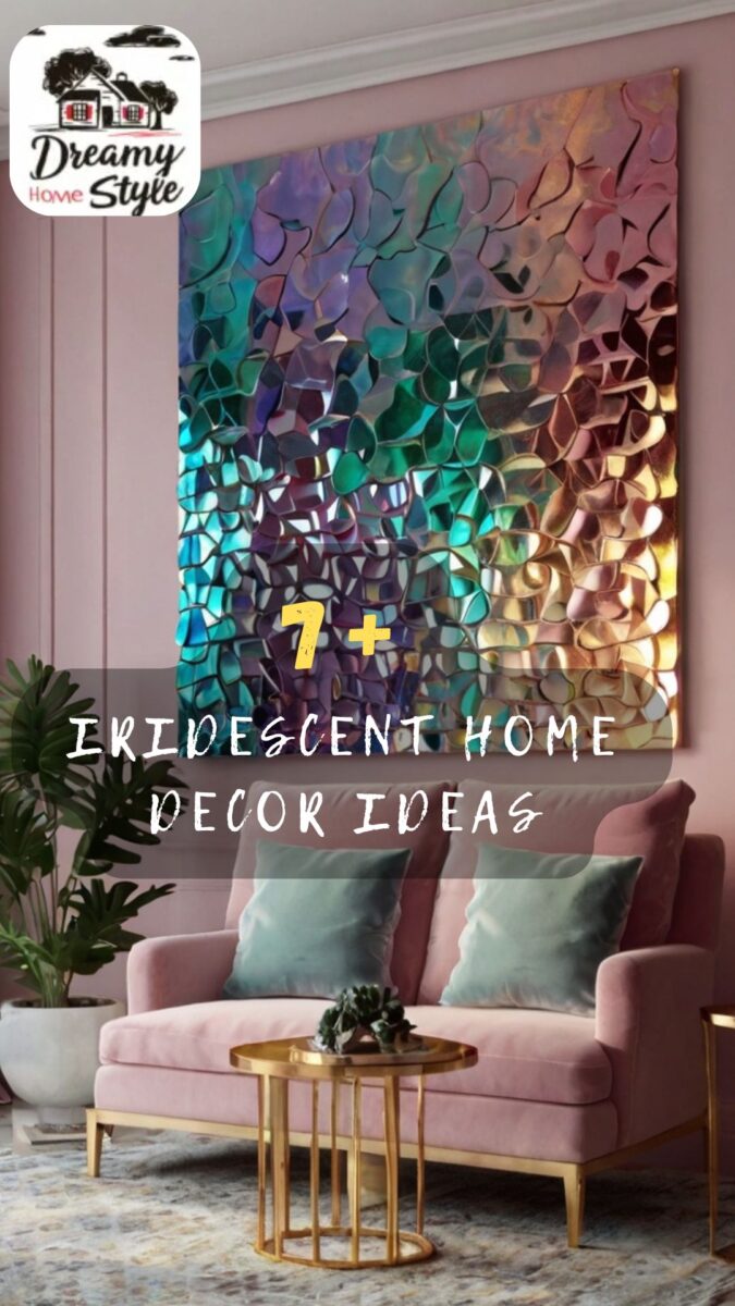 Living room with large iridescent mosaic wall art above pink velvet sofa with teal pillows and gold coffee table