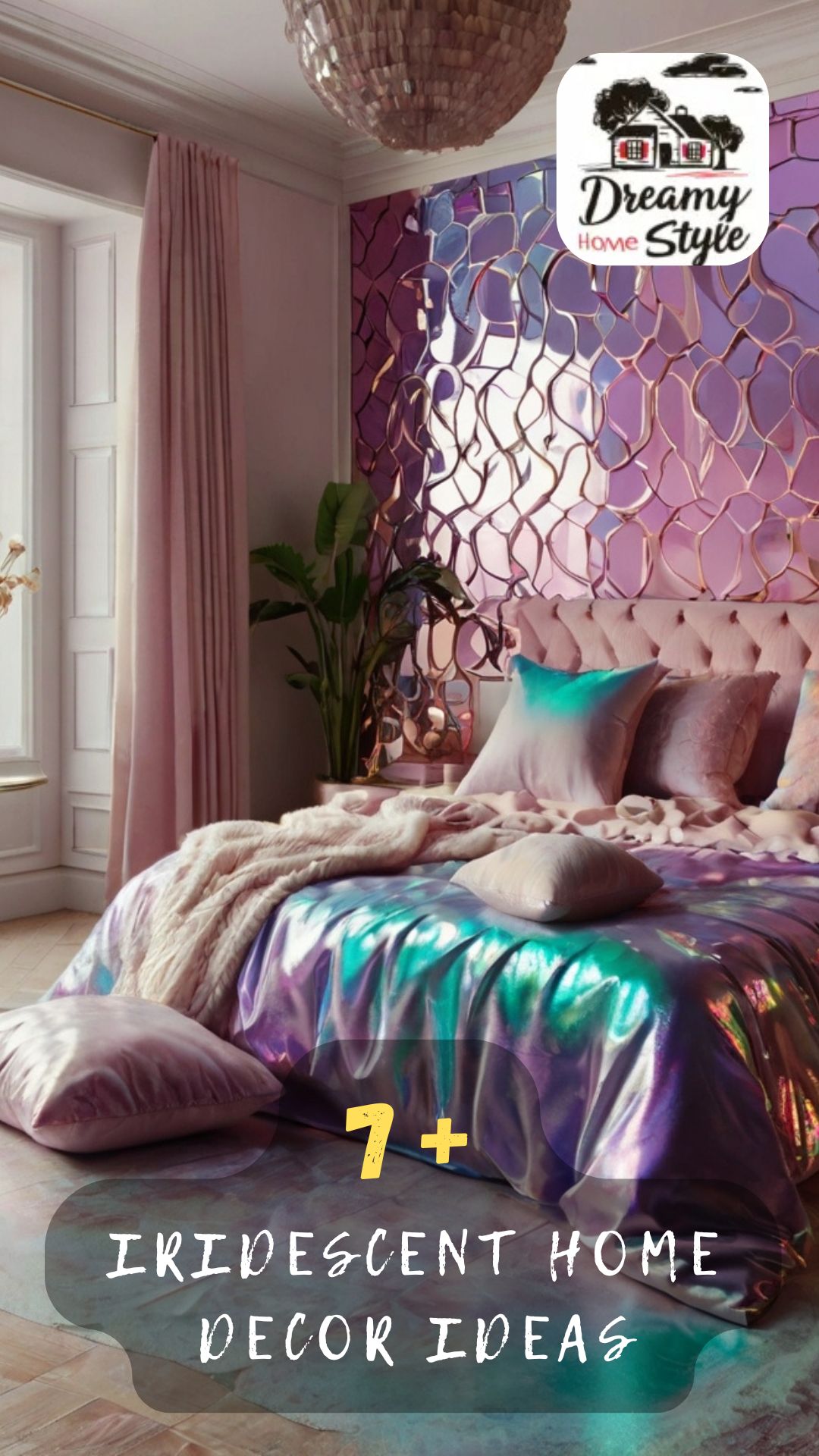 Iridescent bedroom with holographic purple-teal duvet, mosaic mirror accent wall, and pink tufted headboard