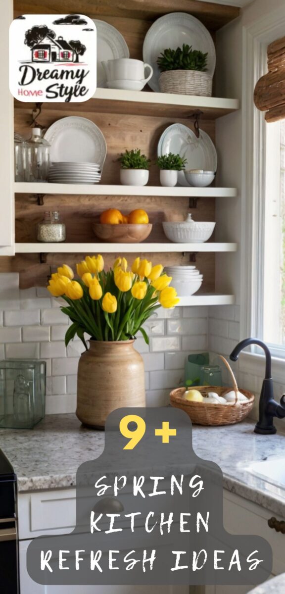 Farmhouse kitchen with open wood shelves, white dishes, yellow tulips in ceramic vase, marble countertop, subway tile backsplash