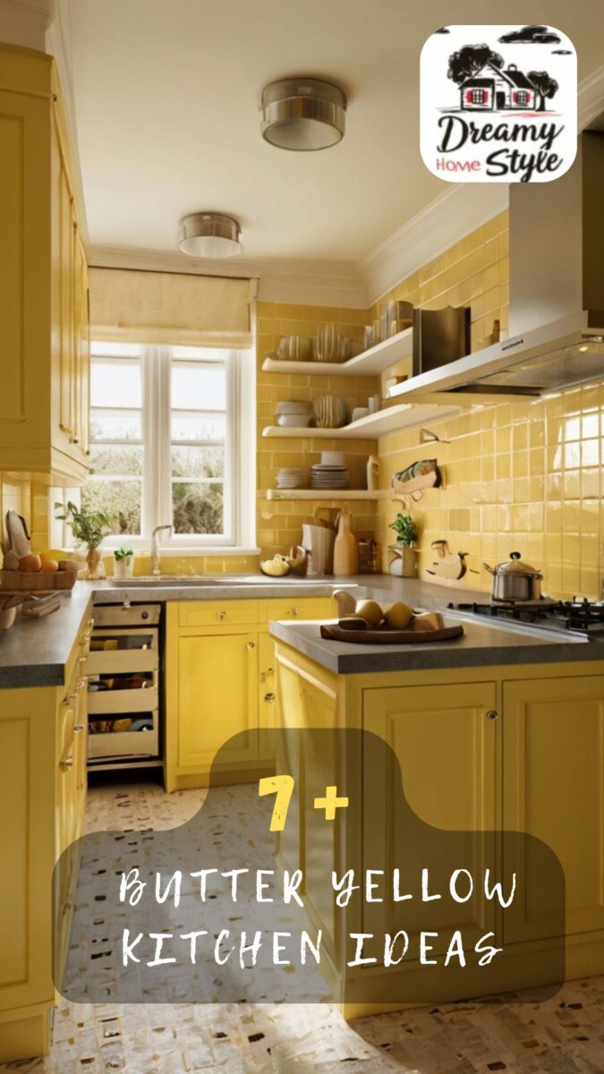 Butter yellow kitchen with matching cabinets, yellow subway tile backsplash, gray countertops, and open shelving