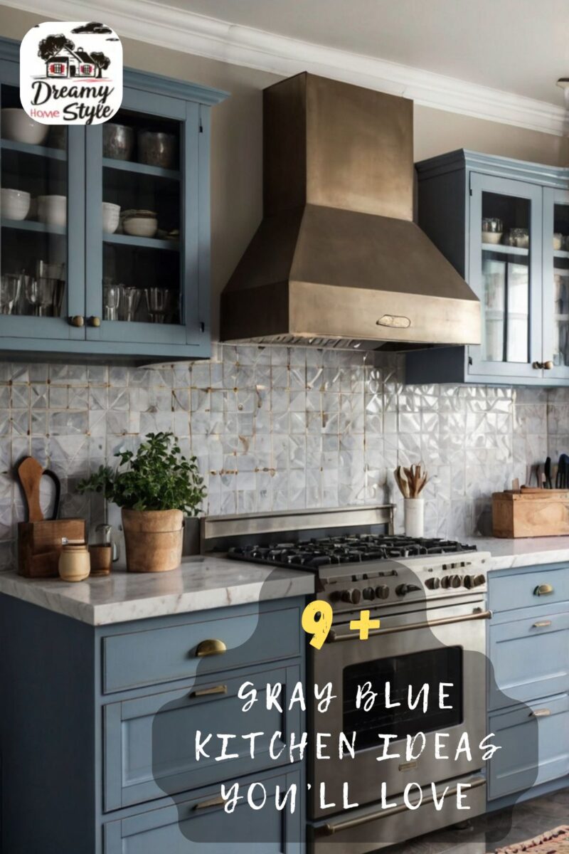 Gray-blue kitchen cabinets with brass hardware, stainless range, bronze hood, marble countertops, and decorative tile backsplash