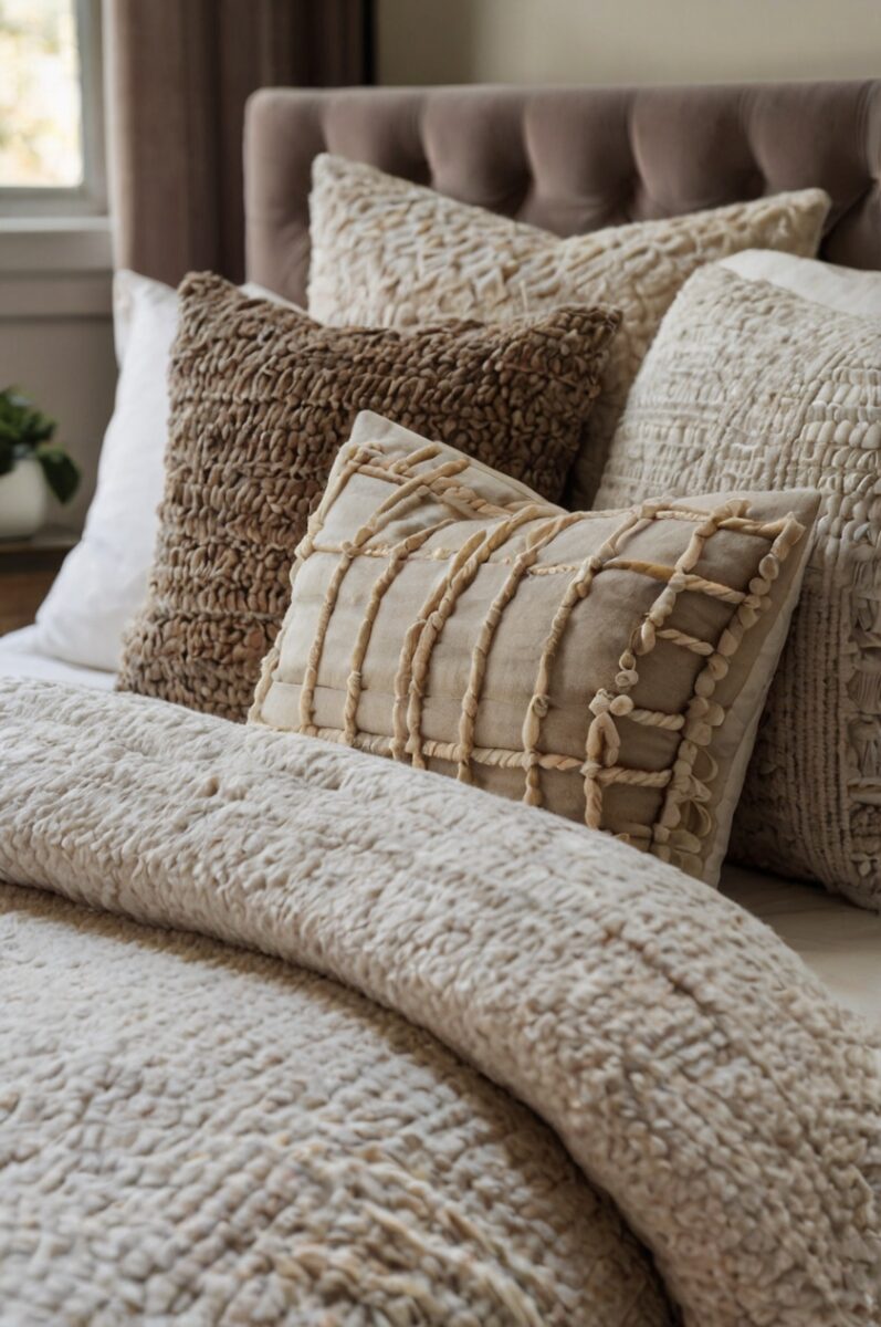 Neutral-toned bed with textured throw pillows in beige, cream, and taupe on a tufted velvet headboard