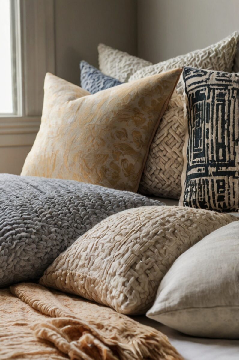 Collection of decorative throw pillows in neutral tones with varied textures including knit, woven, and printed patterns