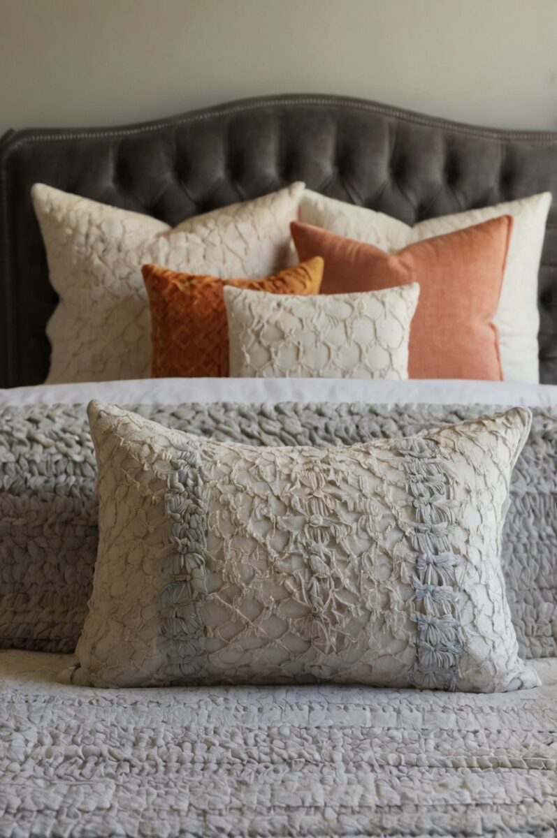 Elegantly styled bed with gray tufted headboard, layered textured pillows in cream, terracotta, and amber tones