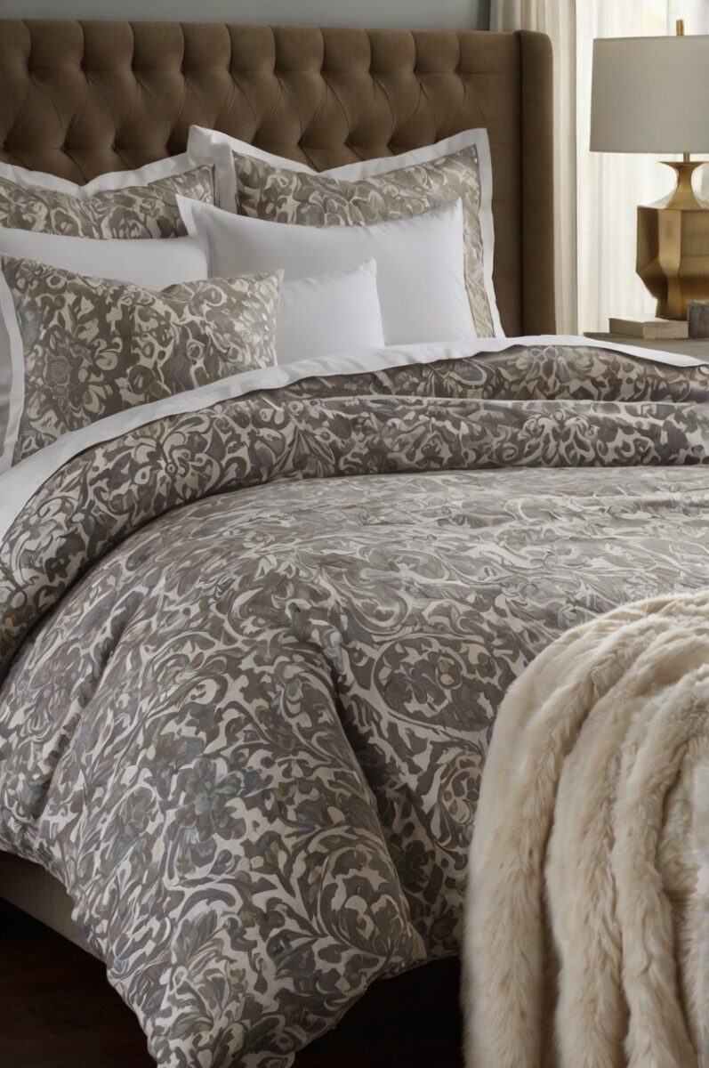 Elegant king bed with gray damask duvet cover, white shams, tufted brown velvet headboard, and faux fur throw