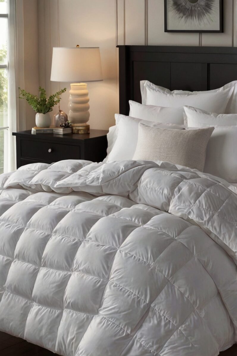 Fluffy white down comforter on a neatly made bed with white pillows, dark wood headboard, and bedside lamp