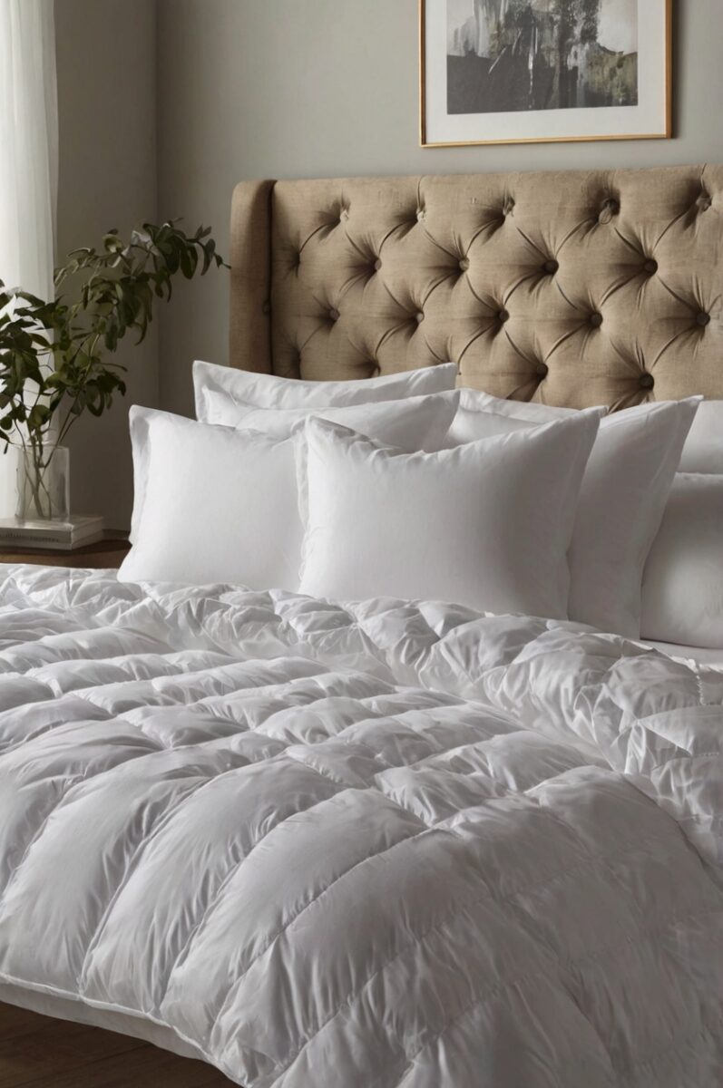 Luxury white down comforter on a king bed with tufted beige headboard and white pillows in an elegant bedroom