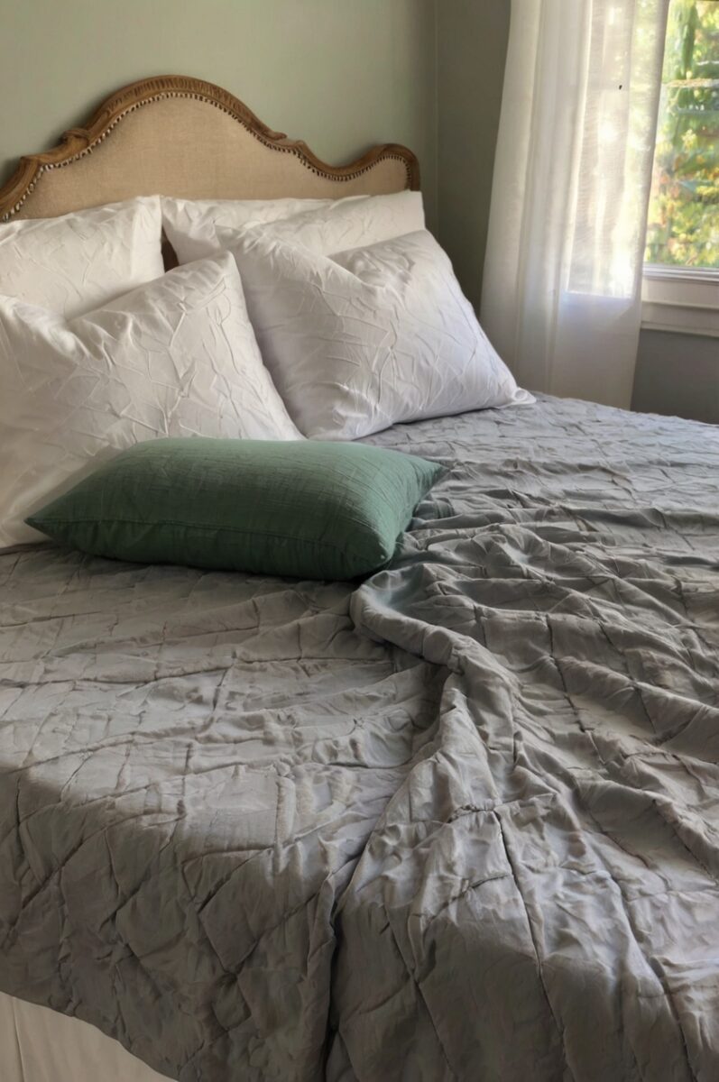Elegant bed with gray pintuck quilt, white pillows, green lumbar pillow, and carved wood headboard near window