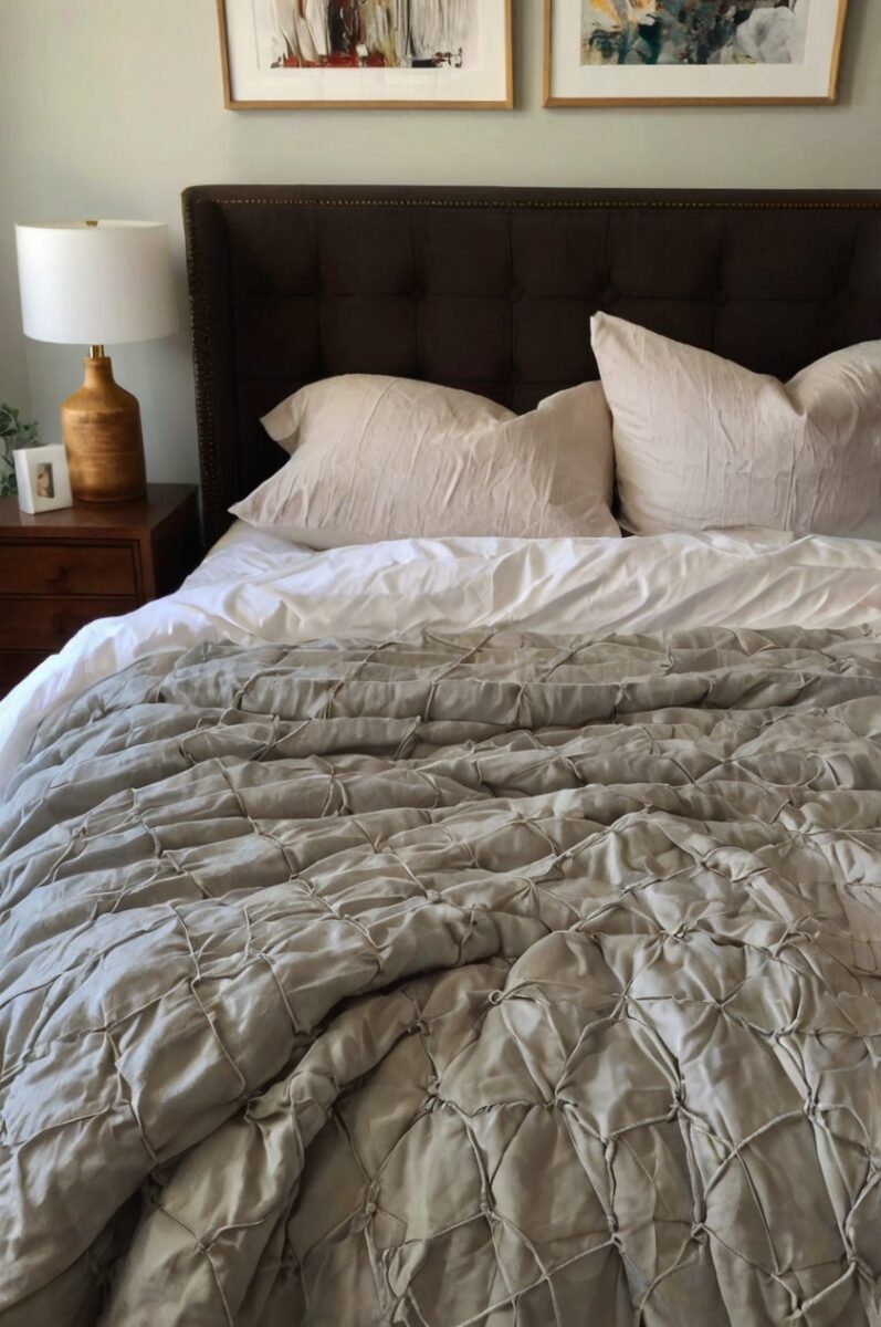 Elegantly made bed with gray pintuck comforter, white pillows, dark tufted headboard, and wood nightstand with lamp