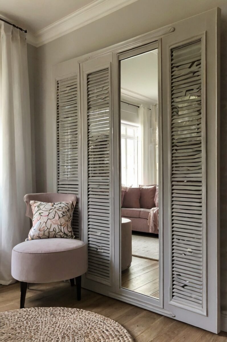 Elegant bedroom corner with pink velvet accent chair, louvered wardrobe doors, and full-length mirror