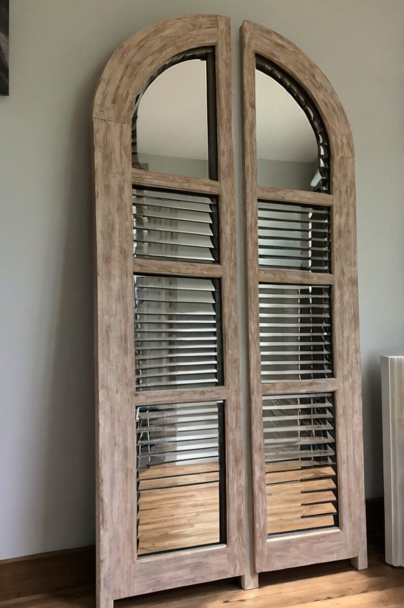 Rustic weathered wood arched double panel decorative mirror with louvered shutters leaning against gray wall