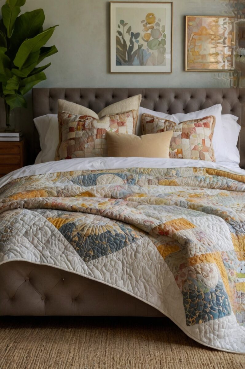 Elegant bedroom with patchwork quilt in muted blue, yellow, and pink tones on tufted upholstered bed with layered pillows