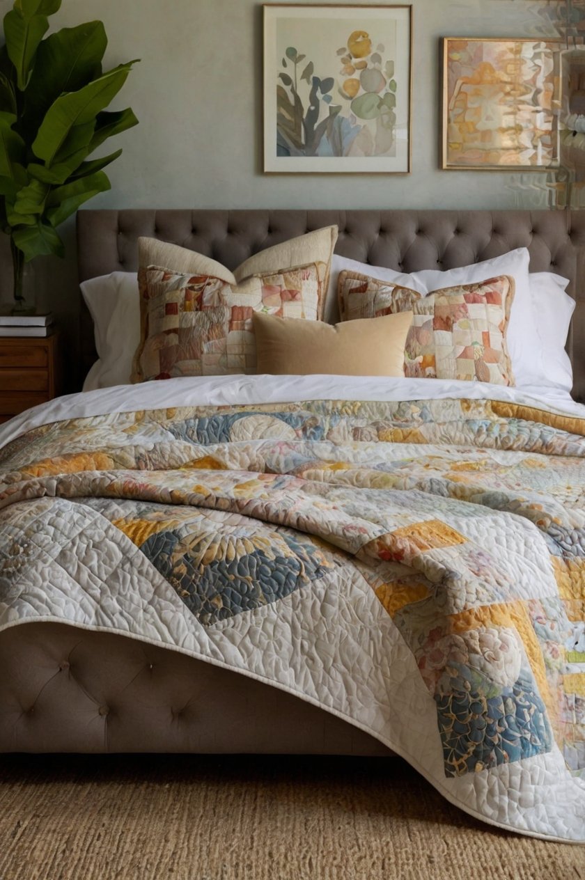 Elegant bedroom with patchwork quilt in muted blue, yellow, and pink tones on tufted upholstered bed with layered pillows