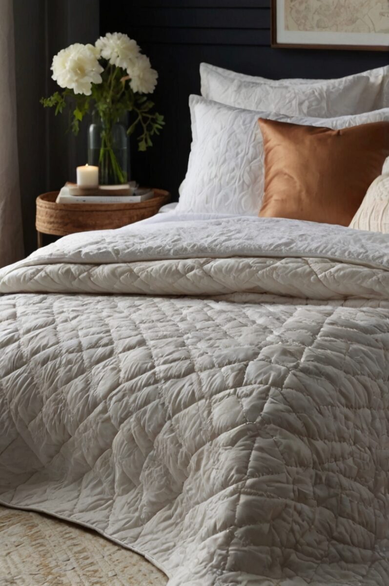 Elegant bedroom with quilted cream bedspread, white textured pillows, rust velvet cushion, and nightstand with white flowers