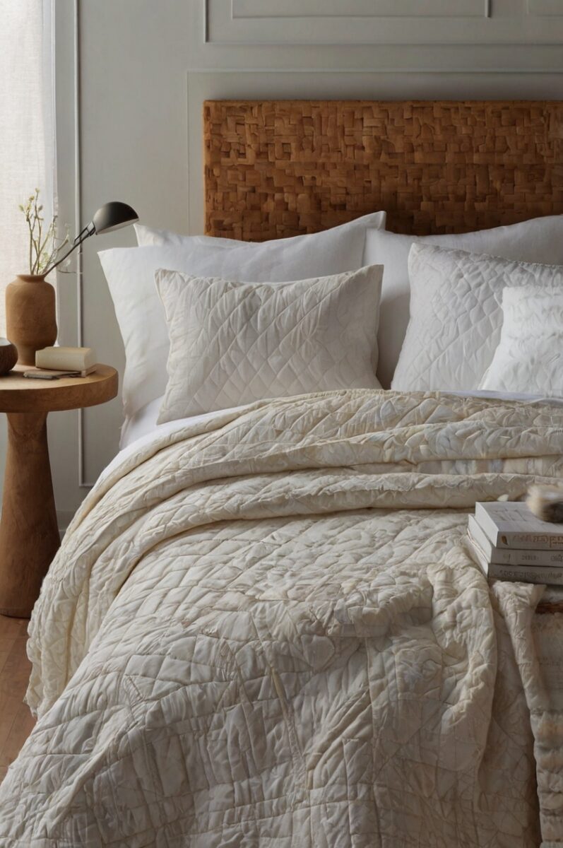 Cozy bedroom with cream quilted bedspread, woven wood headboard, white pillows, and wooden nightstand