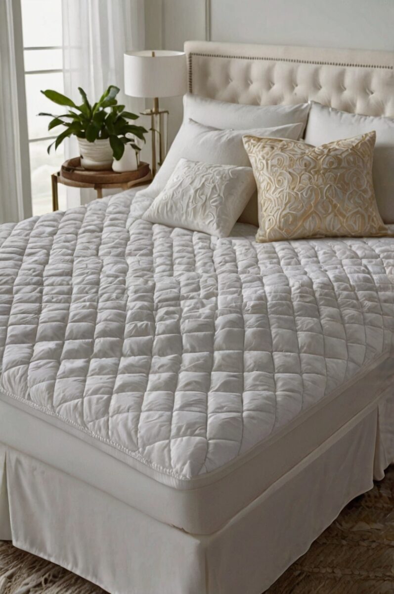 White quilted mattress pad on a king bed with tufted headboard, decorative pillows, and nightstand with plant
