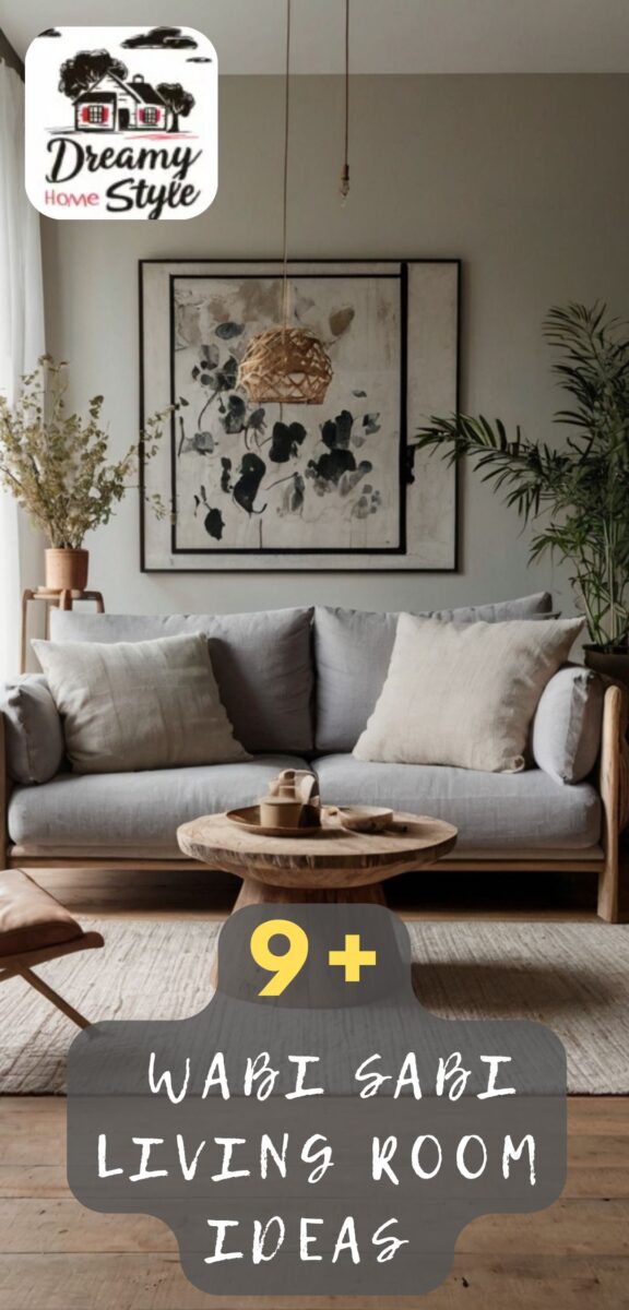 Wabi Sabi living room with gray linen sofa, rustic wood coffee table, woven pendant light, and botanical wall art