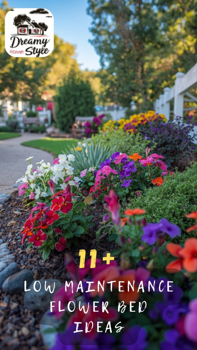 Colorful low maintenance flower bed with petunias, red, purple, yellow, and white blooms along a curved garden path