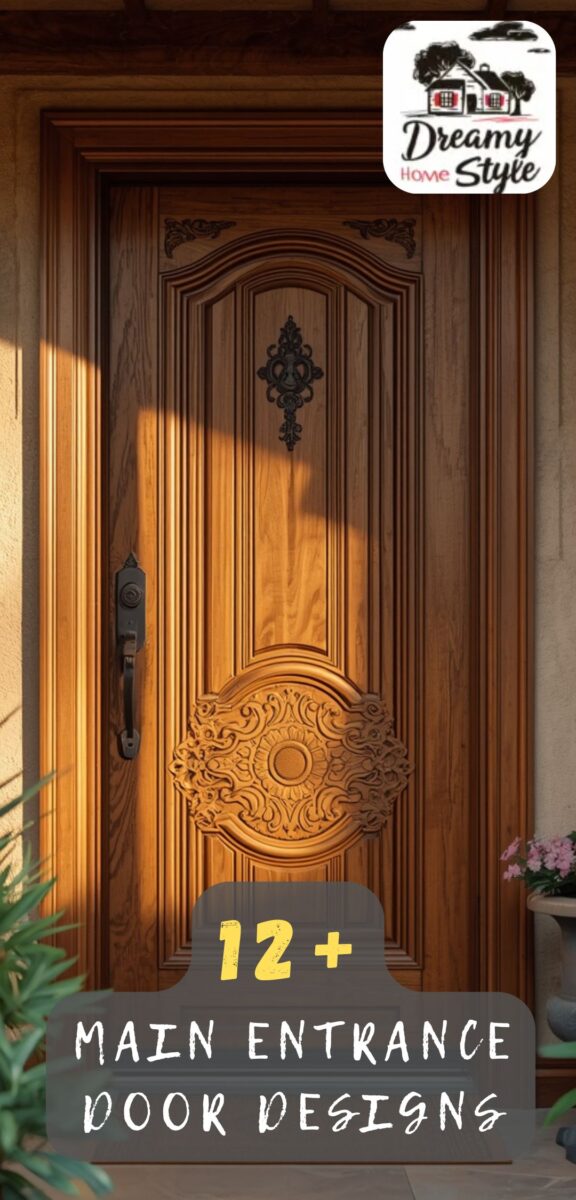 Ornate carved wooden main entrance door with decorative medallion, iron hardware, and classic paneling design