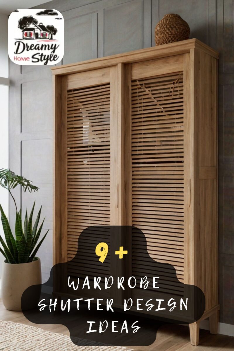 Natural wood wardrobe with horizontal louvered shutter sliding doors against gray wall in modern bedroom