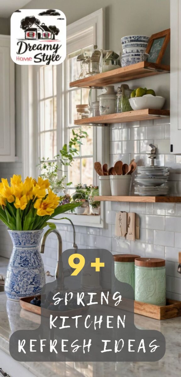 Farmhouse kitchen with open wooden shelves, yellow tulips in blue vase, white subway tiles, and mint green canisters