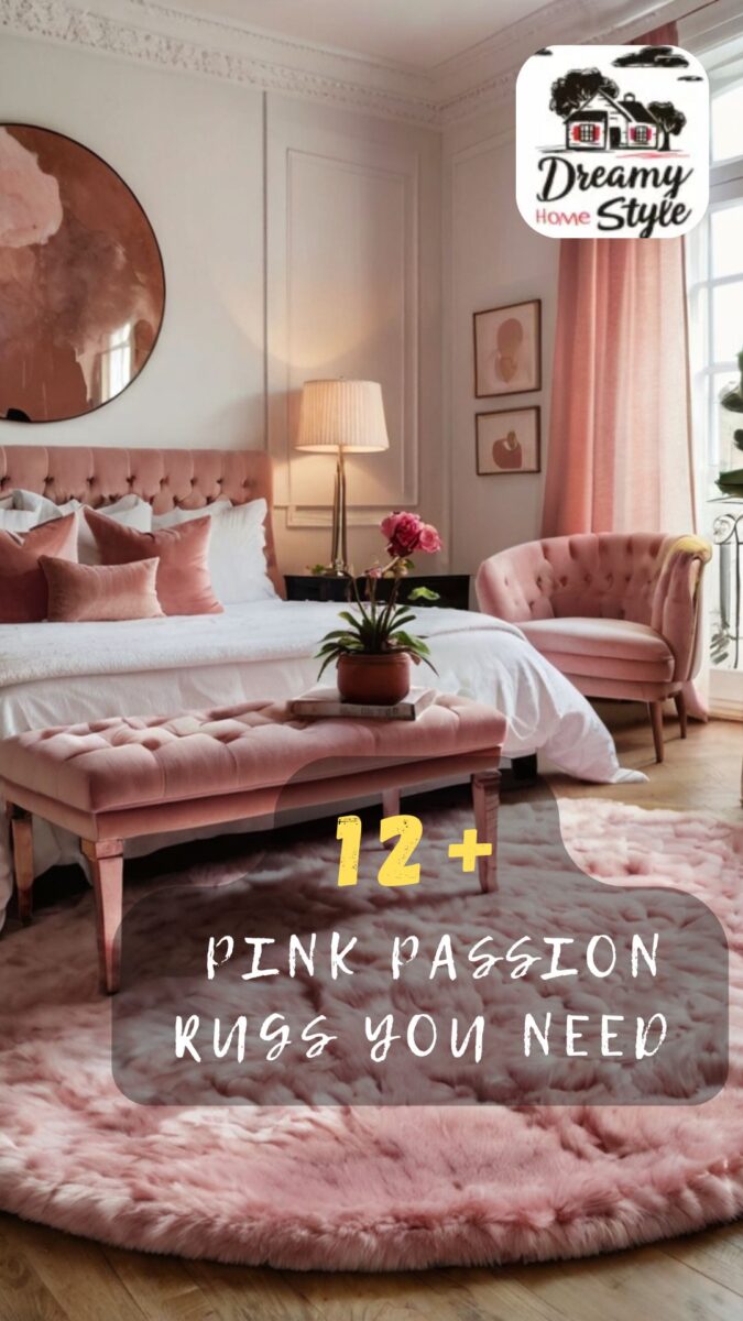 Elegant pink bedroom with round fluffy pink rug, tufted velvet headboard, pink bench, and armchair
