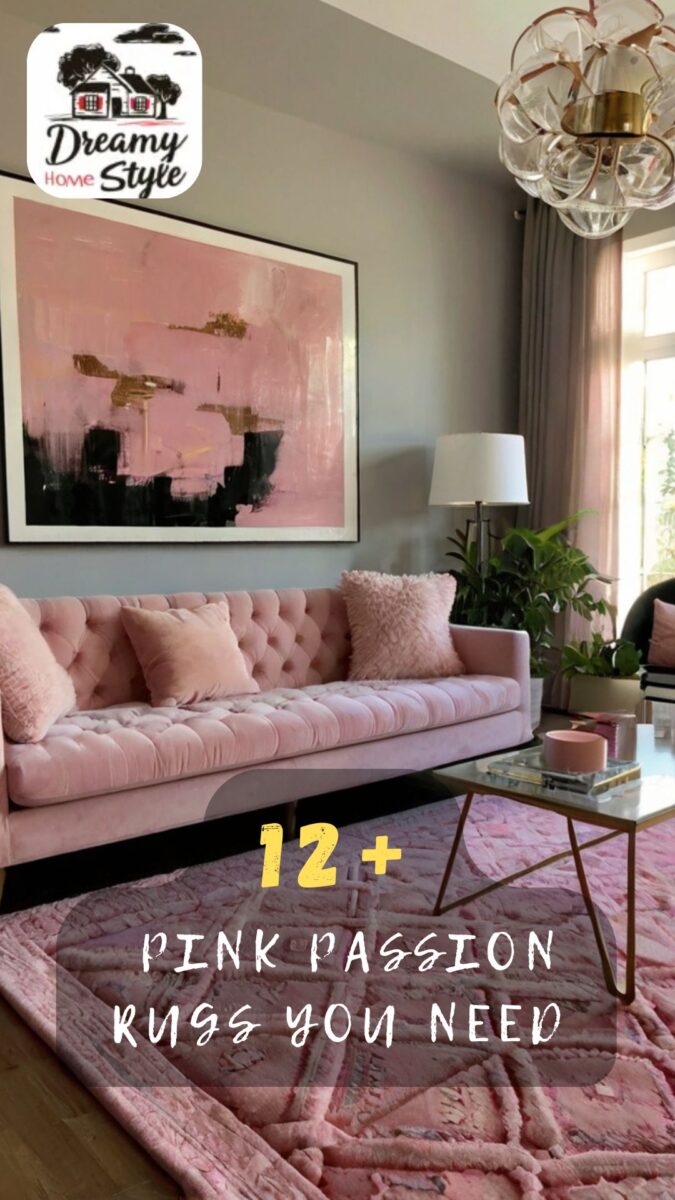 Pink velvet tufted sofa with pink area rug, abstract pink wall art, and glass coffee table in modern living room